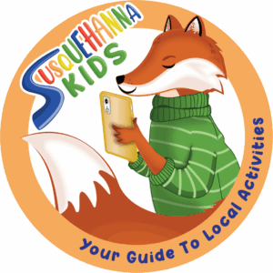 Illustration of fox in a green sweater on a cell phone with the words Susquehanna Kids - Your guide to Local Activities